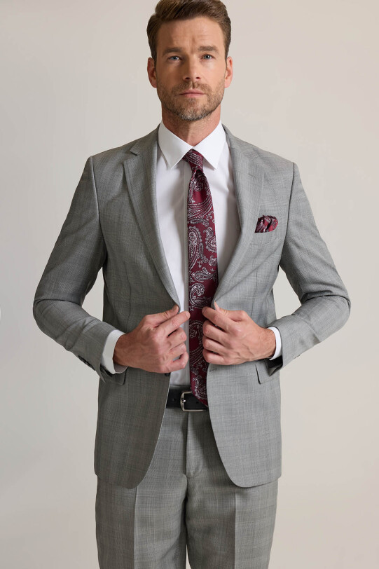 Erkek Gri Regular Fit Mono Yaka Kareli %100 Yün Takım Elbise