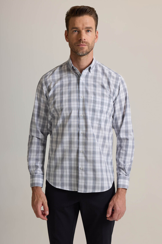 Erkek Gri Regular Fit Pamuklu Kare Desenli Gömlek