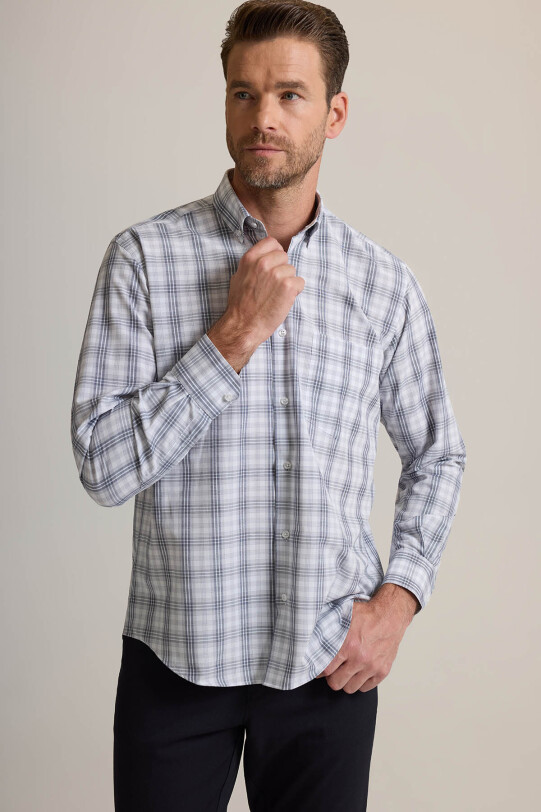 Erkek Gri Regular Fit Pamuklu Kare Desenli Gömlek