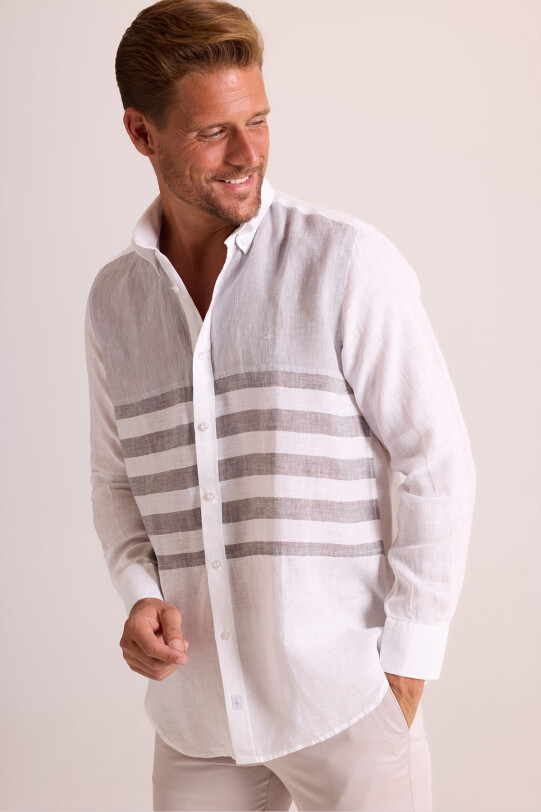 Erkek Gri Regular Fit Parça Desenli Keten Gömlek