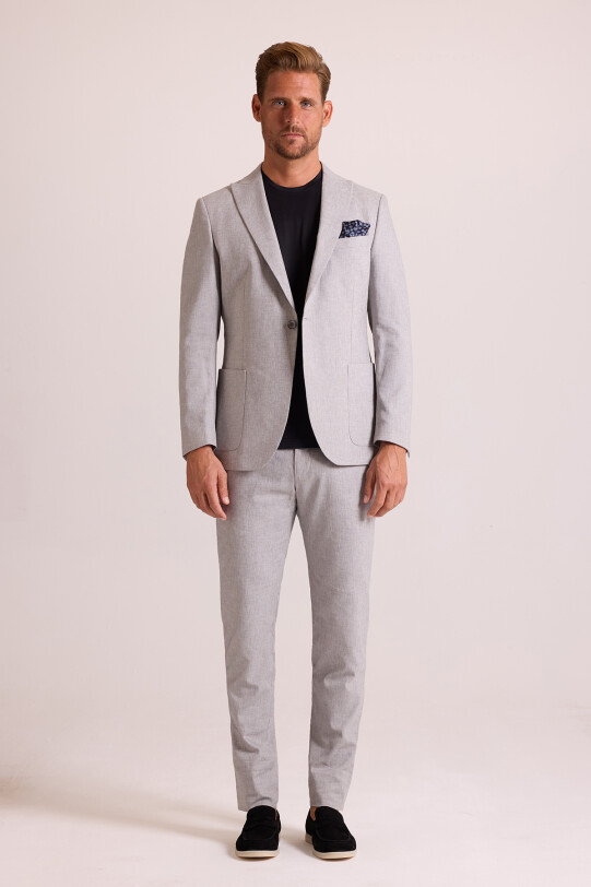 Erkek Gri Regular Fit Sivri Yaka Keten Takım Elbise