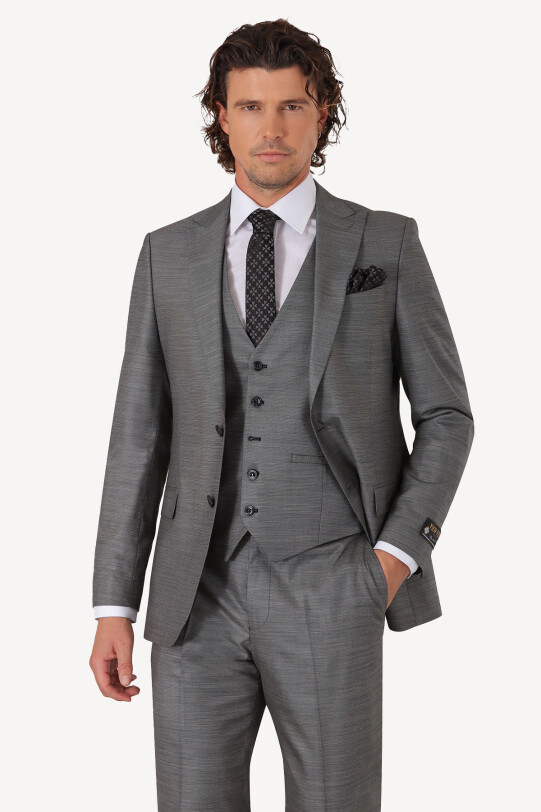 Erkek Gri Regular Fit Sivri Yaka Yelekli Takım Elbise