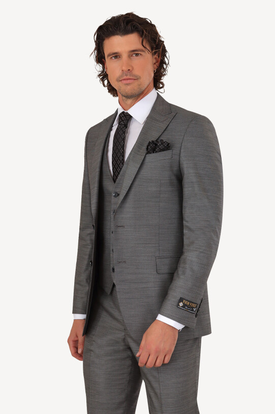 Erkek Gri Regular Fit Sivri Yaka Yelekli Takım Elbise