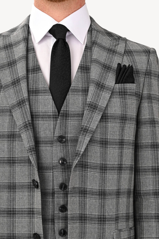 Erkek Gri Regular Fit Sivri Yaka Yelekli Takım Elbise