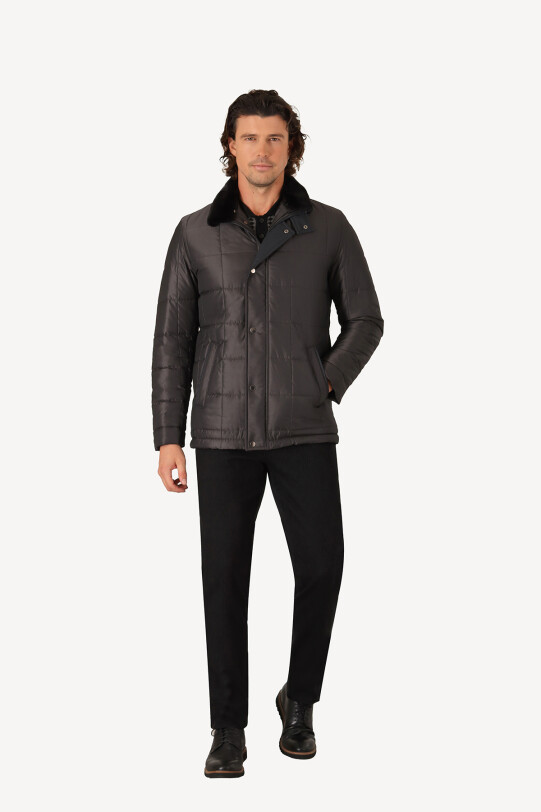 Erkek Gri Regular Fit Yakası Kürklü Desenli Kaban