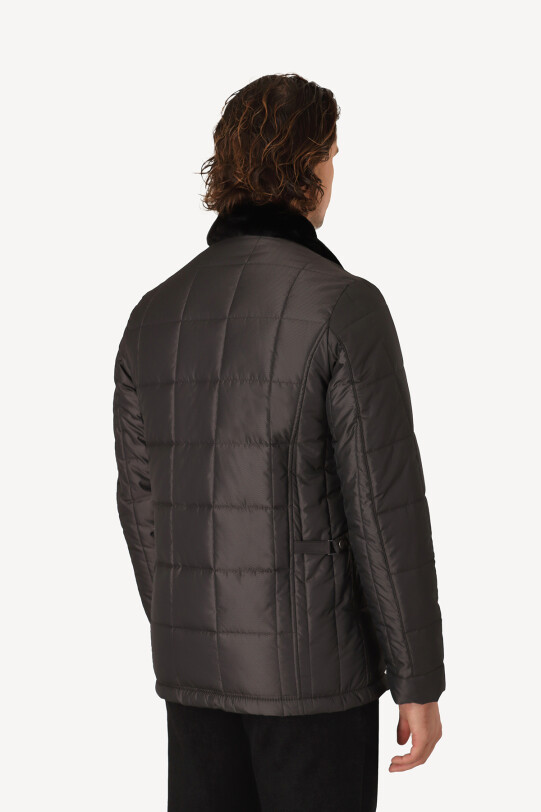 Erkek Gri Regular Fit Yakası Kürklü Desenli Kaban