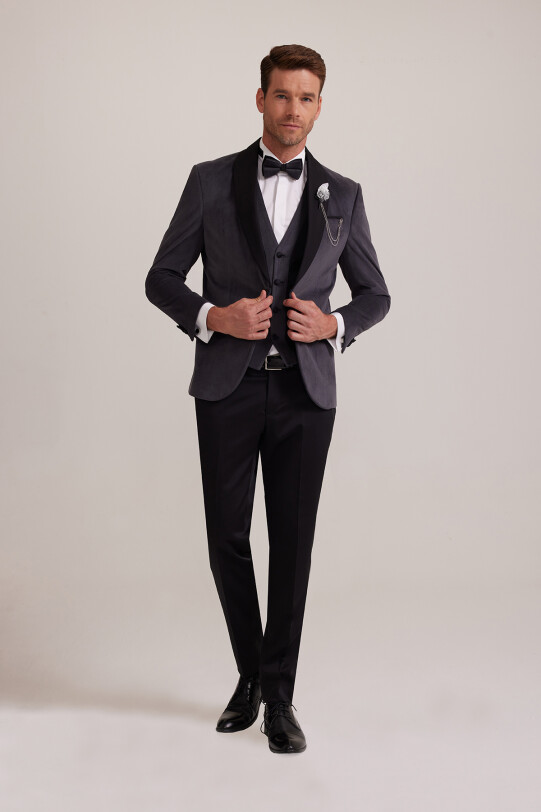 Erkek Gri Şal Yaka Yelekli Slim Fit Damatlık