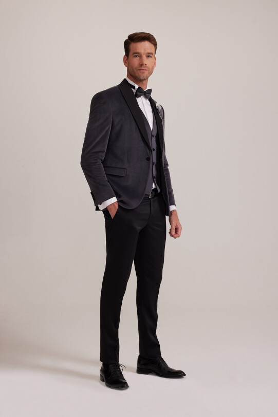 Erkek Gri Şal Yaka Yelekli Slim Fit Damatlık