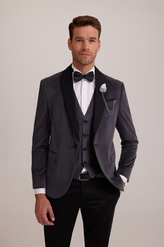Erkek Gri Şal Yaka Yelekli Slim Fit Damatlık