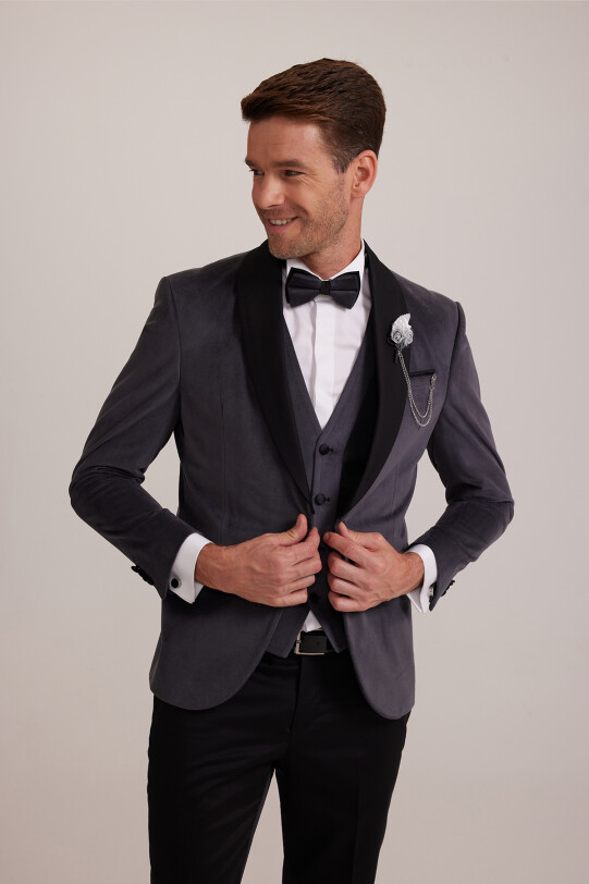 Erkek Gri Şal Yaka Yelekli Slim Fit Damatlık