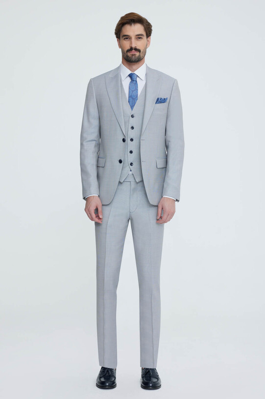 Erkek Gri Sivri Yaka Slim Fit Yelekli Takım Elbise