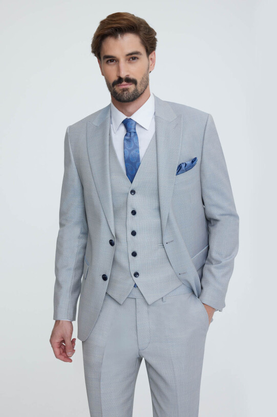 Erkek Gri Sivri Yaka Slim Fit Yelekli Takım Elbise