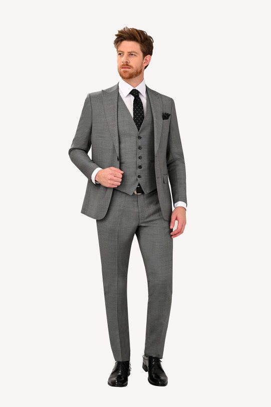 Erkek Gri Sivri Yaka Slim Fit Yelekli Takım Elbise