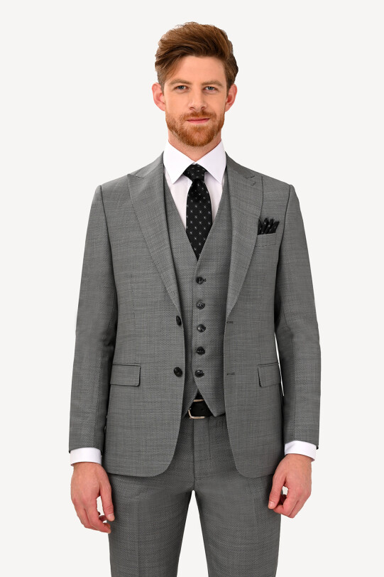 Erkek Gri Sivri Yaka Slim Fit Yelekli Takım Elbise