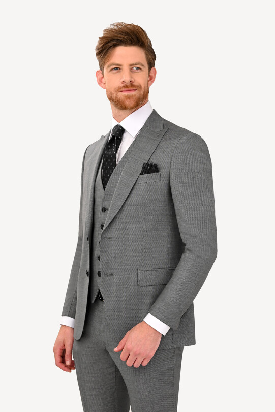 Erkek Gri Sivri Yaka Slim Fit Yelekli Takım Elbise