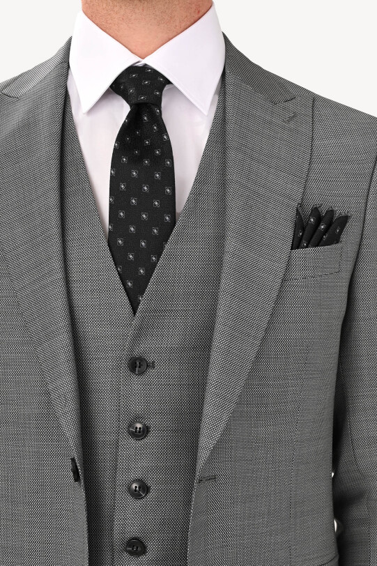 Erkek Gri Sivri Yaka Slim Fit Yelekli Takım Elbise