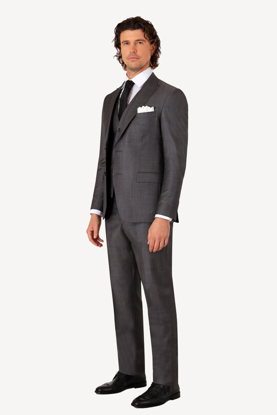 Erkek Gri Slim Fit Çift Yırtmaç Yelekli Takım Elbise