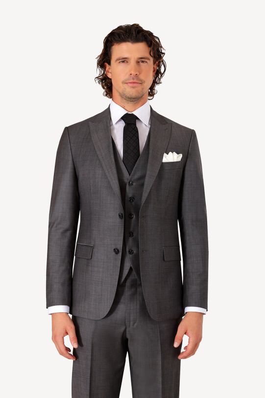 Erkek Gri Slim Fit Çift Yırtmaç Yelekli Takım Elbise