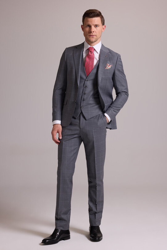 Erkek Gri Slim Fit Kareli Yelekli Yün Mono Yaka Takım Elbise