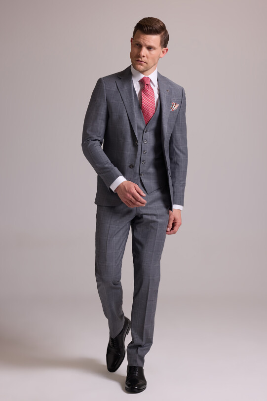 Erkek Gri Slim Fit Kareli Yelekli Yün Mono Yaka Takım Elbise