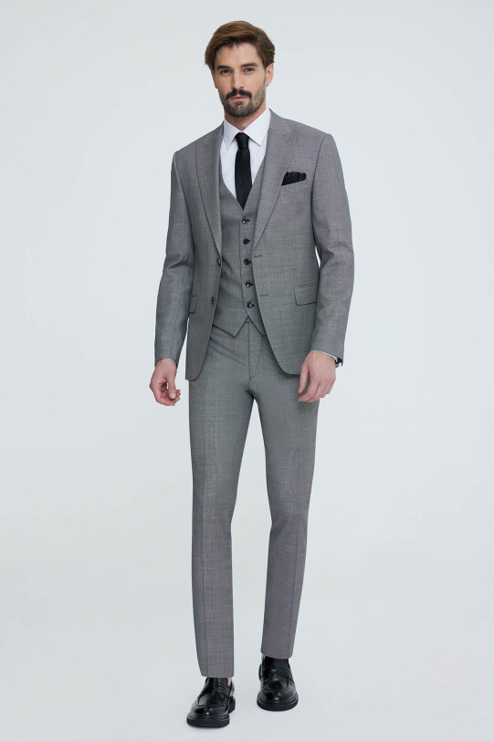 Erkek Gri Slim Fit Sivri Yakalı Yelekli Takım Elbise