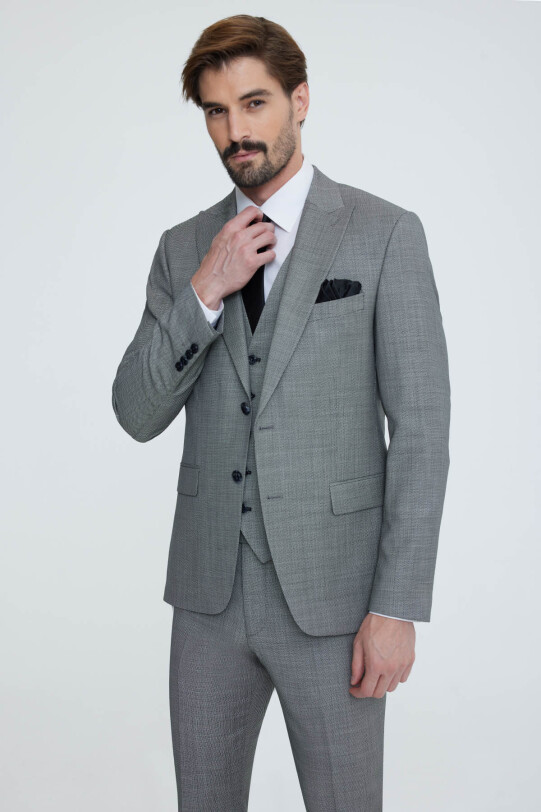 Erkek Gri Slim Fit Sivri Yakalı Yelekli Takım Elbise
