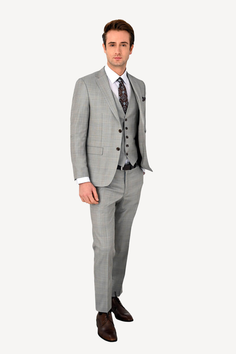 Erkek Gri Slim Fit Yelekli Kareli Takım Elbise - 1