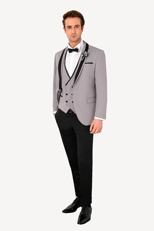 Erkek Gri Slim Fit Yelekli Şal Yaka Damatlık