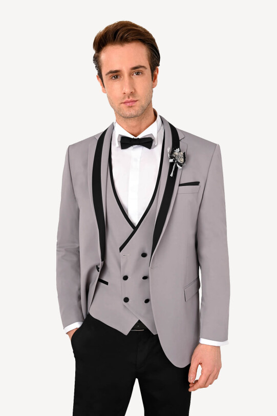 Erkek Gri Slim Fit Yelekli Şal Yaka Damatlık