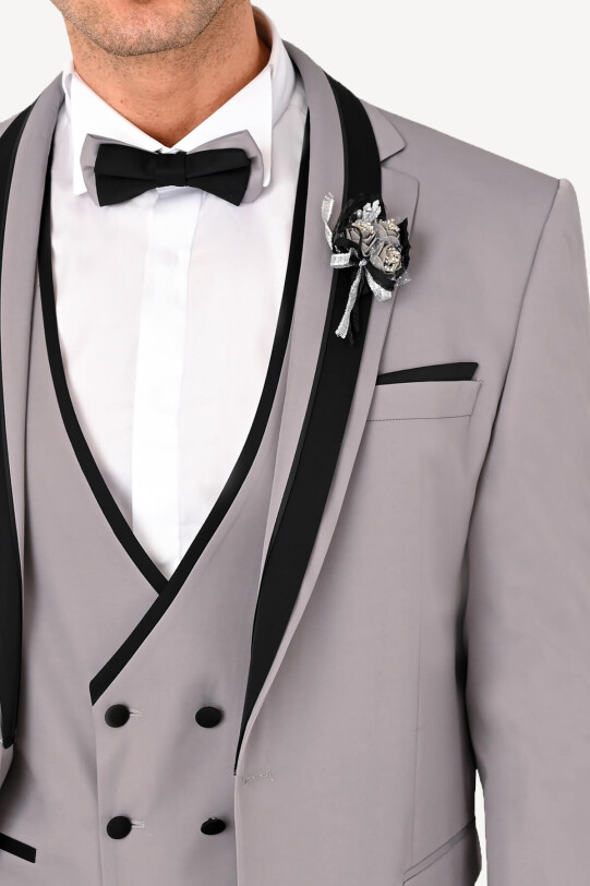 Erkek Gri Slim Fit Yelekli Şal Yaka Damatlık