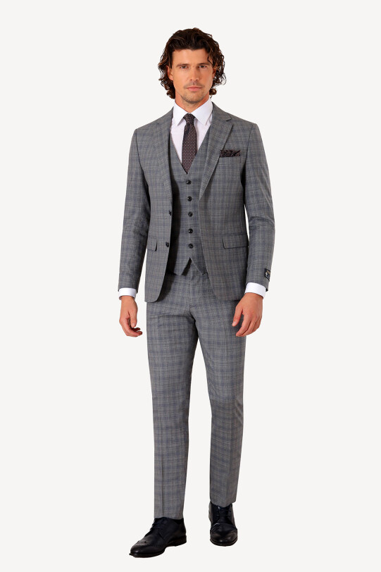 Erkek Gri Slim Fit Yelekli Takım Elbise