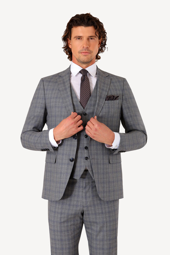 Erkek Gri Slim Fit Yelekli Takım Elbise