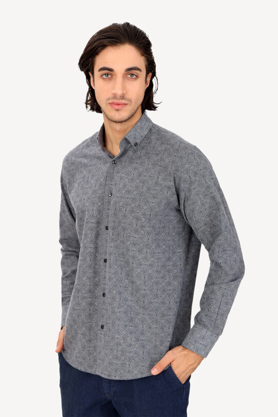 Erkek Gri Uzun Kol Regular Fit Desenli Gömlek