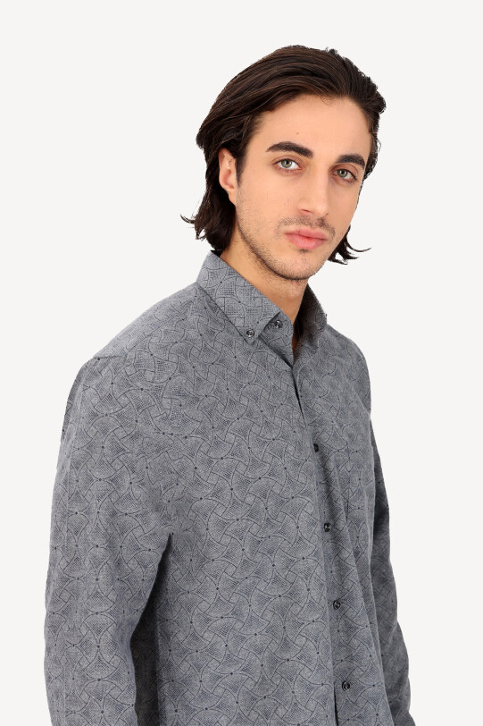 Erkek Gri Uzun Kol Regular Fit Desenli Gömlek
