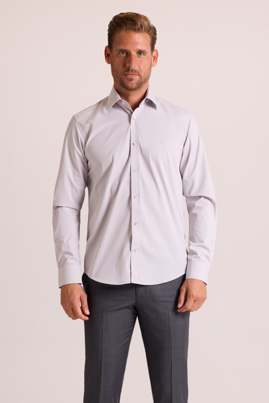 Erkek Gri Yarım İtalyan Slim Fit Uzun Kol Gömlek
