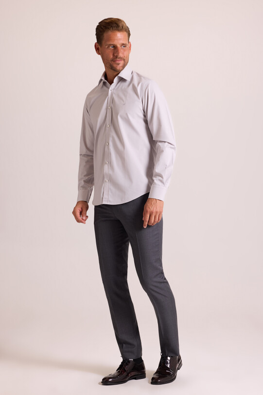 Erkek Gri Yarım İtalyan Slim Fit Uzun Kol Gömlek