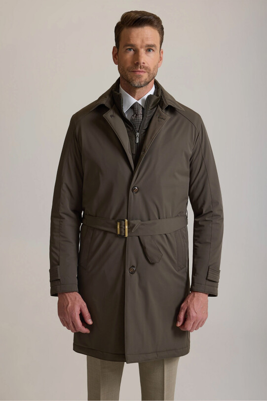 Erkek Haki Yeşil Regular Fit İçi Çıkmalı Kuşaklı Pardesü