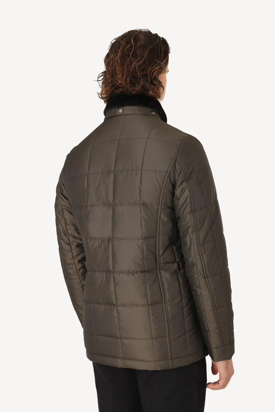 Erkek Haki Yeşil Regular Fit Yakası Kürklü Desenli Kaban