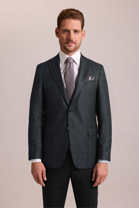 Erkek Haki Yeşil Regular Fit Yünlü Ekose Desenli Tek Ceket