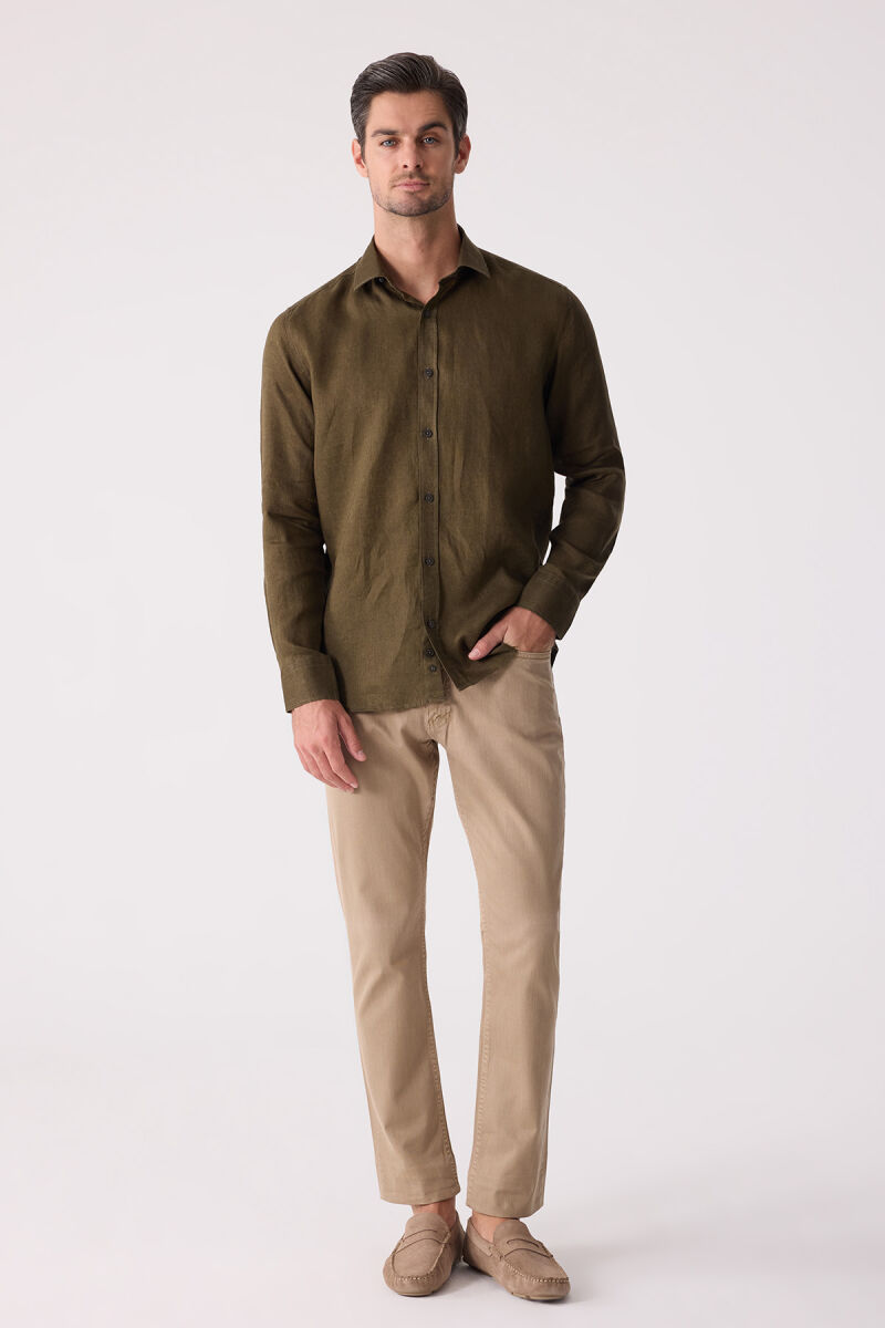 Erkek Haki Yeşil Slim Fit Klasik Yaka Keten Gömlek - 1