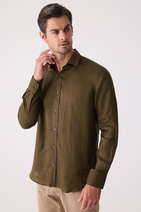 Erkek Haki Yeşil Slim Fit Klasik Yaka Keten Gömlek