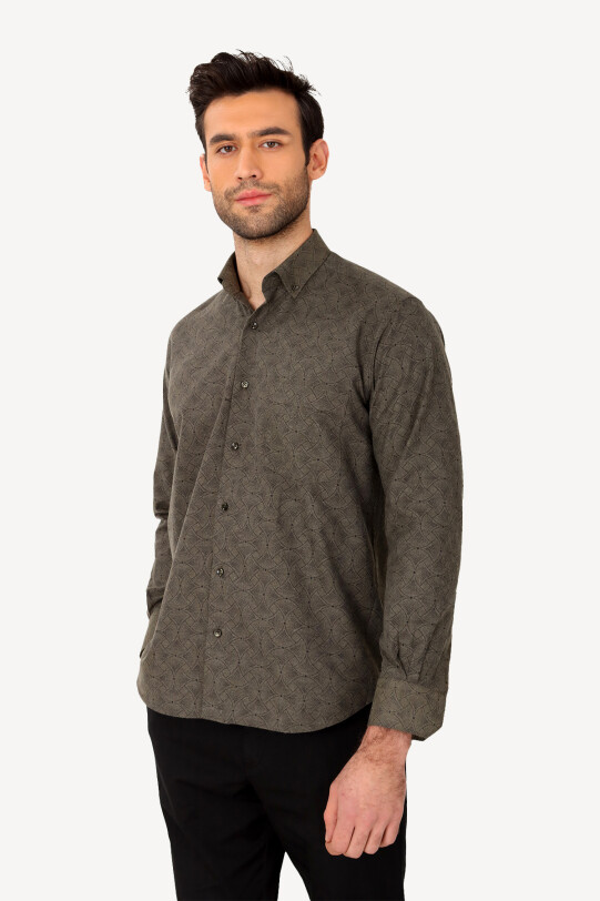 Erkek Haki Yeşil Uzun Kol Regular Fit Desenli Gömlek