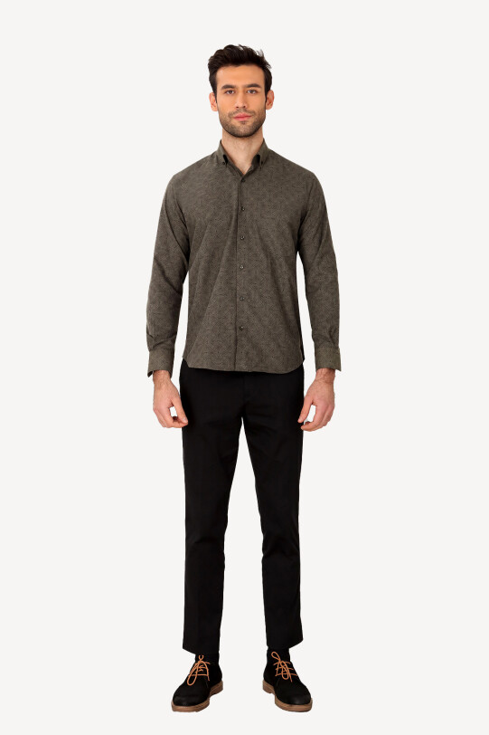 Erkek Haki Yeşil Uzun Kol Regular Fit Desenli Gömlek