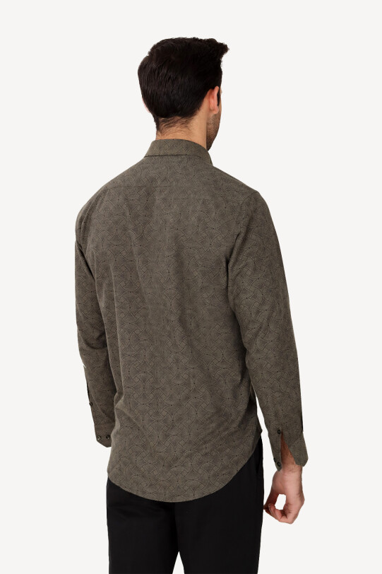 Erkek Haki Yeşil Uzun Kol Regular Fit Desenli Gömlek