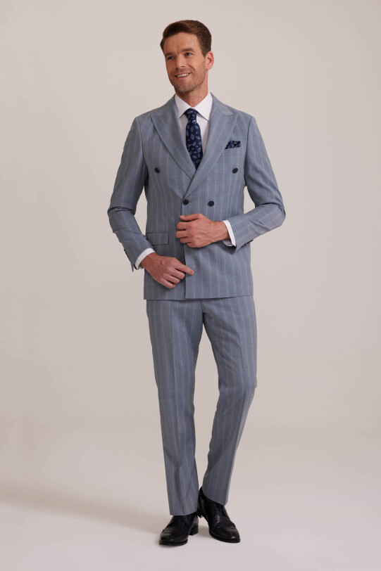 Erkek Havacı Mavi Regular Fit Çizgili Kruvaze Takım Elbise