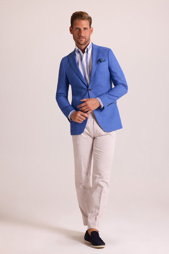 Erkek İndigo Mavi Klasik Keten Spor Ceket