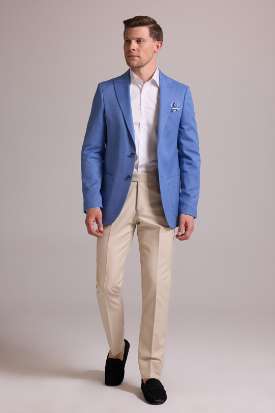 Erkek İndigo Mavi Regular Fit Sivri Yaka Tek Ceket