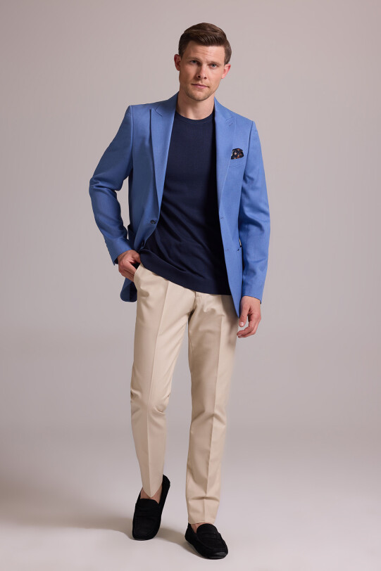 Erkek İndigo Mavi Regular Fit Sivri Yaka Tek Ceket