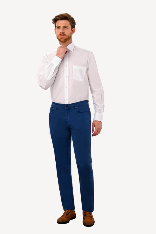 Erkek İndigo Mavi Slim Fit Kanvas Pantolon