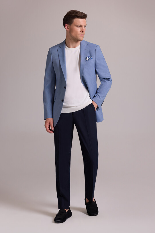 Erkek İndigo Mavi Spor Keten Ceket